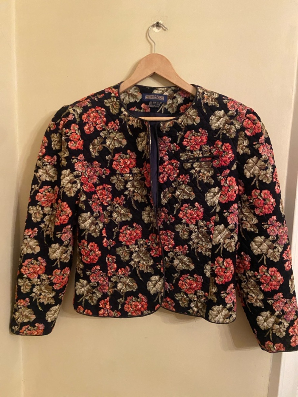 Vintage Navy Quilted Corduroy Floral Jacket with Coral Geranium Print M